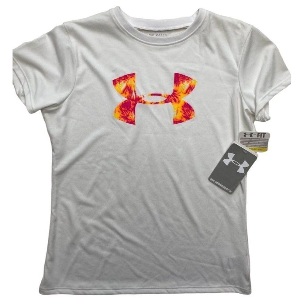 Girls Under Armour White Logo Loose Heat Gear Short Sleeve Top Sz YSM‎ Small NEW